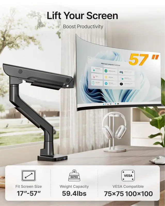 Alt view image 3 of 5 - monTEK Sleek Aluminum Monitor Arm for 1757 Ultrawide Screens up to 59 lbs, USB 3.0 A/C, Heavy Duty Single Monitor Arm Desk Mount, Pneumatic Lift, Quick-Release Plate, Clamp/Grommet, VESA 100x100