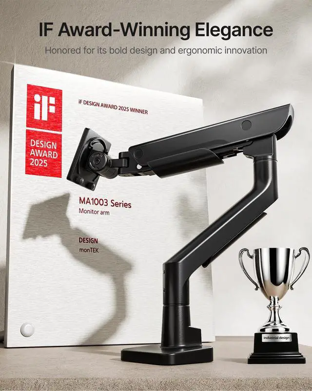 Alt view image 2 of 5 - monTEK Sleek Aluminum Monitor Arm for 1757 Ultrawide Screens up to 59 lbs, USB 3.0 A/C, Heavy Duty Single Monitor Arm Desk Mount, Pneumatic Lift, Quick-Release Plate, Clamp/Grommet, VESA 100x100