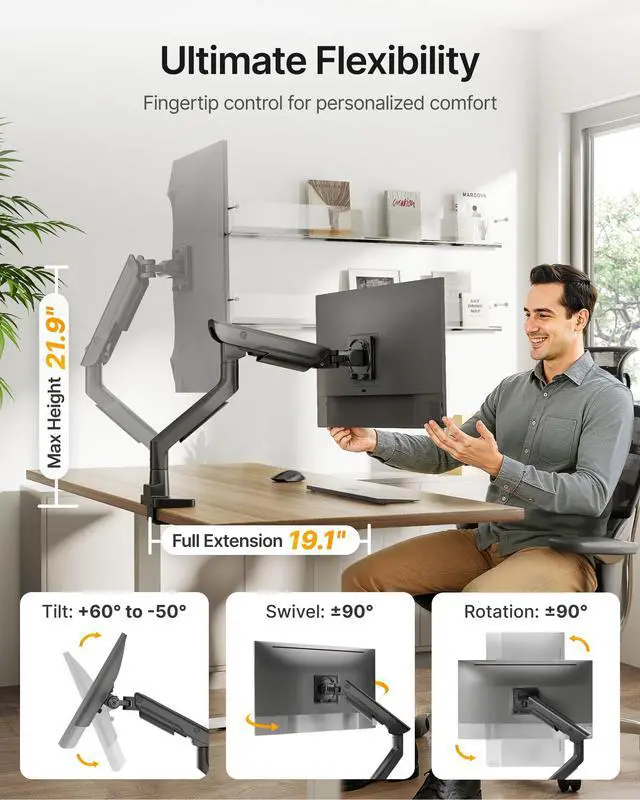 Alt view image 4 of 5 - monTEK Sleek Aluminum Monitor Arm for 1757 Ultrawide Screens up to 59 lbs, USB 3.0 A/C, Heavy Duty Single Monitor Arm Desk Mount, Pneumatic Lift, Quick-Release Plate, Clamp/Grommet, VESA 100x100