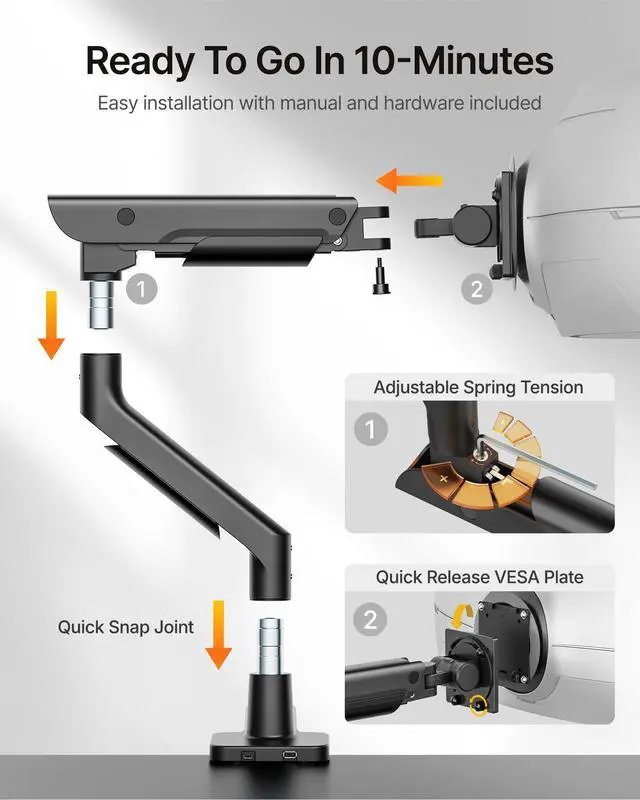 Alt view image 5 of 5 - monTEK Sleek Aluminum Monitor Arm for 1757 Ultrawide Screens up to 59 lbs, USB 3.0 A/C, Heavy Duty Single Monitor Arm Desk Mount, Pneumatic Lift, Quick-Release Plate, Clamp/Grommet, VESA 100x100