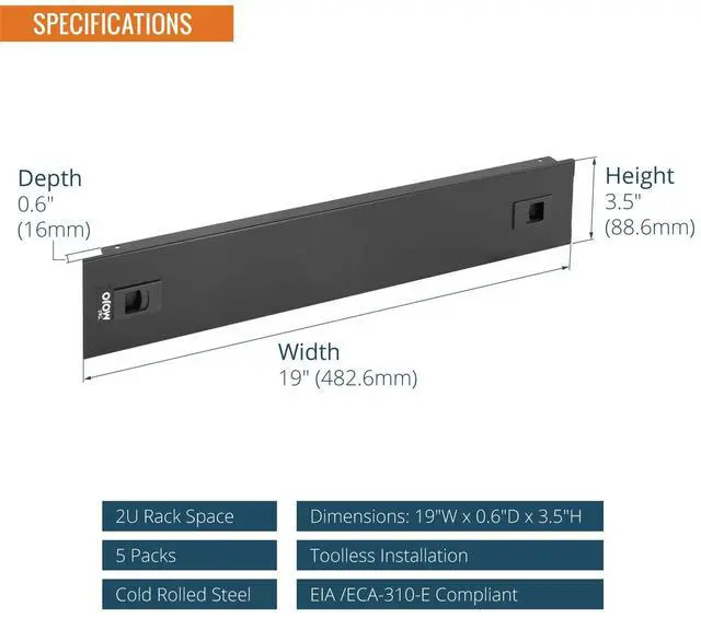 Alt view image 2 of 5 - Tecmojo 5 Pack 2U Blank Panel, Cold Rolled Steel Rack Blank Panel, Rack Mount Plate for 19 in Server Rack Enclosure or Network Cabinet, Toolless Mounting, Black