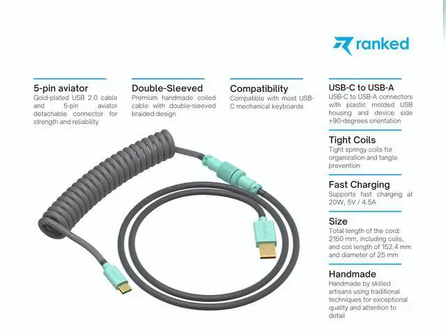 Alt view image 2 of 5 - Ranked Coiled Keyboard Cable | Handcrafted Double-Sleeved Braided Cable | USB Type C to A | 5-Pin Aviator Connector for Custom Mechanical Gaming Keyboard | Support Fast Charge 20W (Dolch)