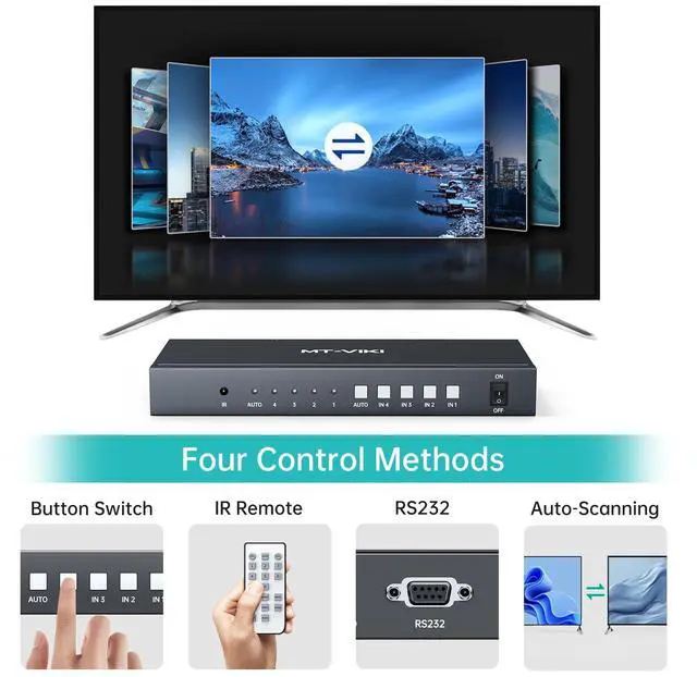 Alt view image 3 of 5 - MT-VIKI 4K Seamless HDMI Switch 4 Port w/ 3.5mm AudioOutput + IR Remote, 4K@30Hz HDMI Switcher Selector 4 in 1 Out, 4:4:4, 18Gbps, RS232