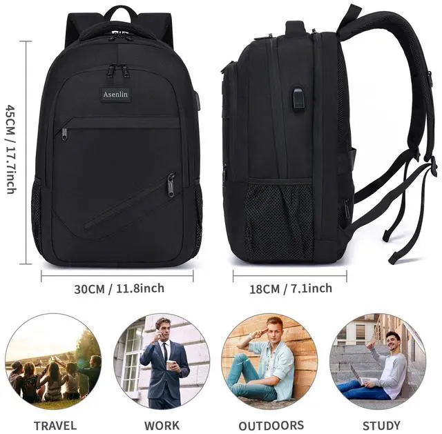 Alt view image 2 of 5 - Asenlin Travel Laptop Backpack for Women & Men,Water Resistant Business Slim Sturdy Laptops Backpack with USB Charging Port,Fits 17.3 Inch Notebook College School Computer Bag-Black