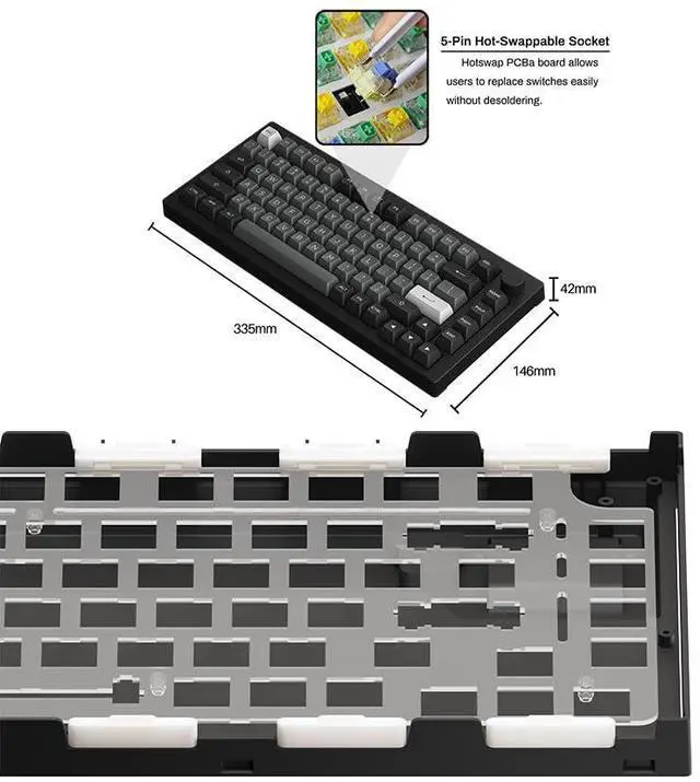 Alt view image 3 of 5 - Akko 5075B Plus Mechanical Keyboard 75% Percent RGB Hot-swappable Creamy Keyboard with Knob, Black & Silver Theme with PBT Double Shot ASA Profile Keycaps V3 Creamy Blue Pro Switch