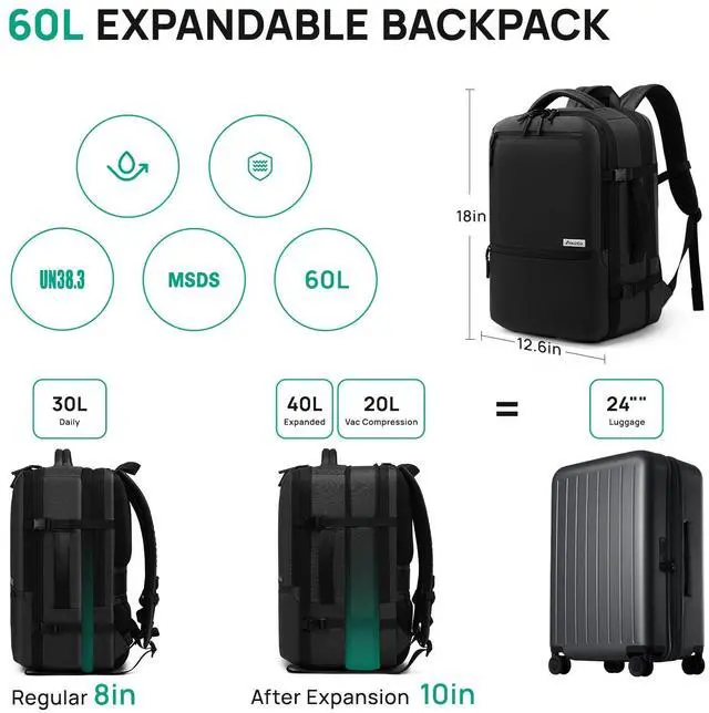 Alt view image 5 of 5 - Dinictis Vacuum Seal Travel Backpack Built-in Pump, Expandable Backpack with Vacuum Compression fits 17 inch Laptop, Waterproof Carry On Suitcase Luggage suit for Short Trip and Business-Black