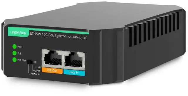 Main image of LINOVISION Industrial 10G BT 95W POE++ Injector with AC 100-240V Input, Compatible with Standard and Legacy Non-Standard PD Devices, IEEE802.3af/at/bt PoE Output for PTZ Camera, POE Light, POE Monitor