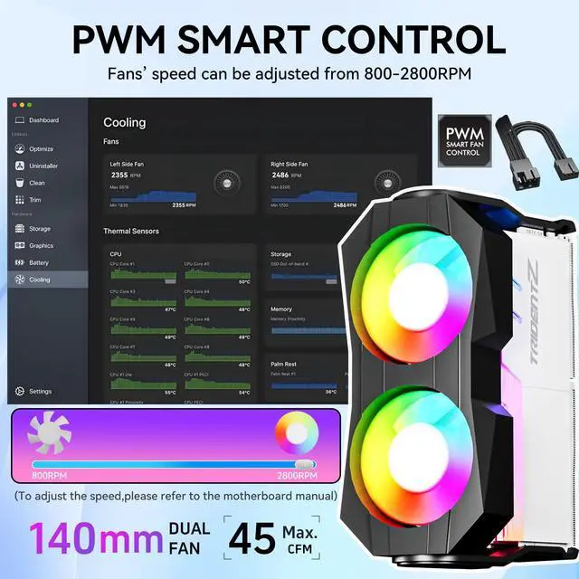 Alt view image 3 of 5 - GSCOLER X5 Memory RAM Cooling Fans, 5V/3Pin ARGB Light Effect RAM Cooler with Dual 60mm PWM Fans, Anti - Static ABS, Tool - Free DIY PC Gaming Case Installation