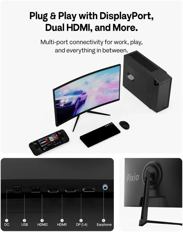 Alt view image 5 of 5 - Pixio PXC279 Wave 27 inch 300Hz Refresh Rate FHD 1080p Resolution 1650R Curved Fast VA Panel 1ms GTG Response Time Adaptive Sync HDR Curved Gaming Monitor