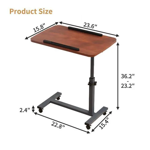 Alt view image 4 of 5 - Laptop Table Mobile Adjustable Height Portable Desk Notebook Swivel PC Computer Rolling Desk with Wheels, Laptop Stand for Couch Bedside Hospital Bed Table (Dark Walnut)