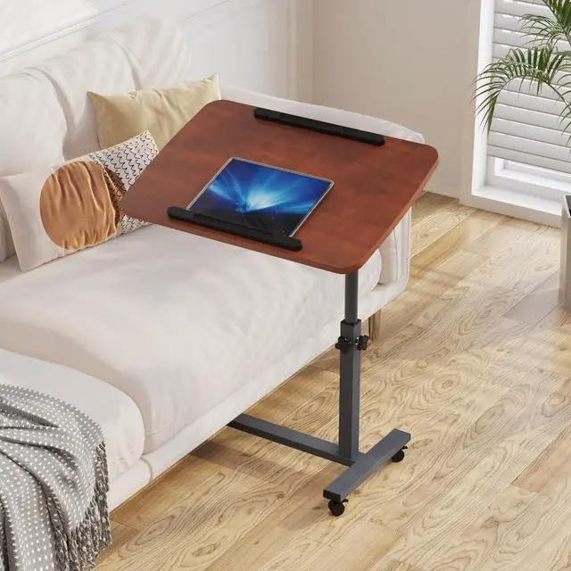 Alt view image 5 of 5 - Laptop Table Mobile Adjustable Height Portable Desk Notebook Swivel PC Computer Rolling Desk with Wheels, Laptop Stand for Couch Bedside Hospital Bed Table (Dark Walnut)