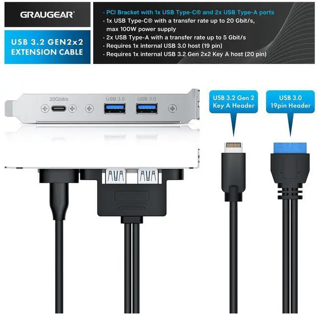 Alt view image 2 of 5 - GRAUGEAR 20Gbps USB3.2 Gen2x2 USB-C Front Panel Adapter, Motherboard Header Extension Cable, USB-C and USB to USB3.2 Type-E Key-A 20-Pin and 19-Pin USB3.0 Connectors with PCIe Bracket[G-AD-ETC2A-20G]