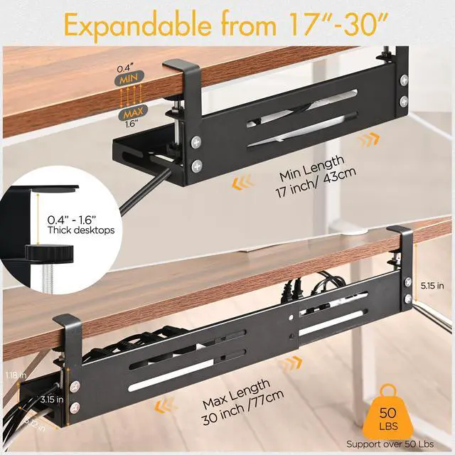 Alt view image 2 of 5 - No Drill Under Desk Cable Management Tray, 17"-30" Retractable Long Cable Tray with Clamp Mount, Metal Cord Organizer, Support 50 lbs+, Wire Management Basket for Home Office, Black
