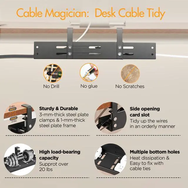 Alt view image 3 of 5 - No Drill Under Desk Cable Management Tray, 17"-30" Retractable Long Cable Tray with Clamp Mount, Metal Cord Organizer, Support 50 lbs+, Wire Management Basket for Home Office, Black