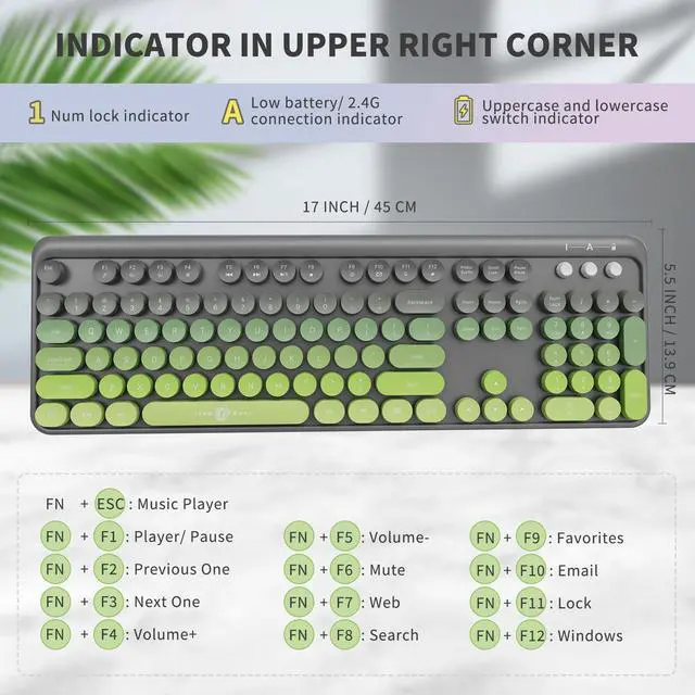 Alt view image 2 of 5 - Wireless Keyboard and Mouse Combo - Cute Colorful Keyboard and Mouse, Retro Typewriter Keyboard with 2.4GHz Plug & Play, for Windows 11/10/7, Laptop, PC (Green)