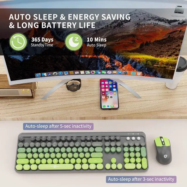 Alt view image 3 of 5 - Wireless Keyboard and Mouse Combo - Cute Colorful Keyboard and Mouse, Retro Typewriter Keyboard with 2.4GHz Plug & Play, for Windows 11/10/7, Laptop, PC (Green)