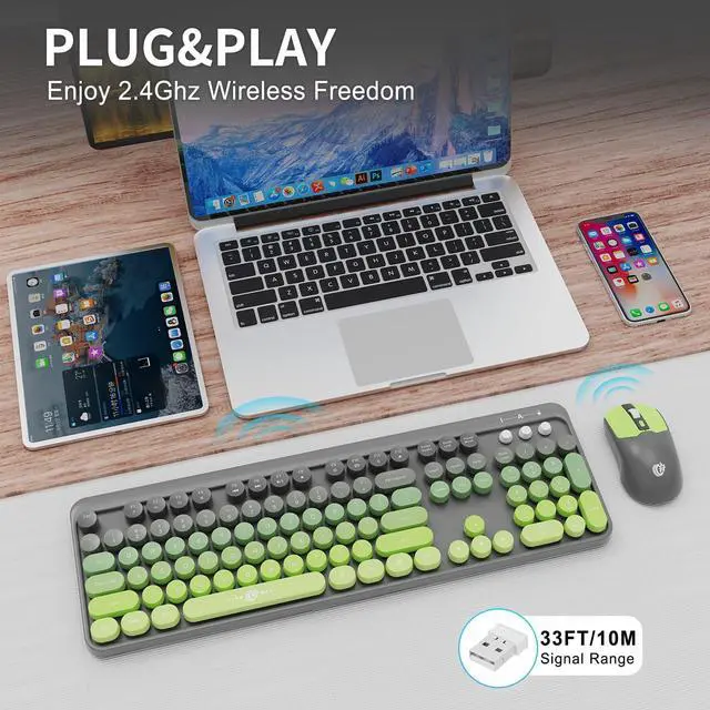 Alt view image 5 of 5 - Wireless Keyboard and Mouse Combo - Cute Colorful Keyboard and Mouse, Retro Typewriter Keyboard with 2.4GHz Plug & Play, for Windows 11/10/7, Laptop, PC (Green)