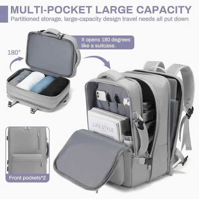 Alt view image 2 of 5 - Jaxin 2PCS Carry-On Backpack with Shoe Bag  180° Open, Expandable, Fits 16.1 Laptop, USB Charging Port, Water-Resistant Travel Set for Work, School, or Air Travel (grey)