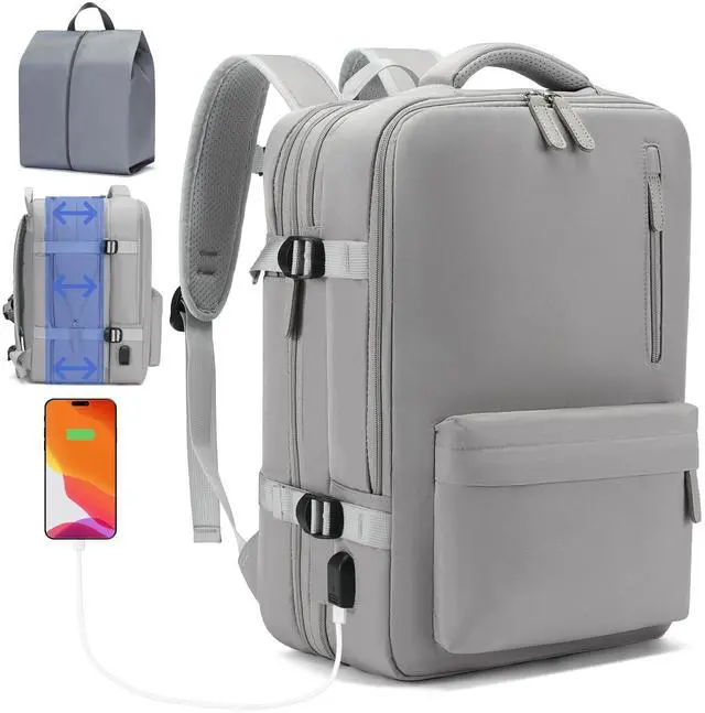 Main image of Jaxin 2PCS Carry-On Backpack with Shoe Bag  180° Open, Expandable, Fits 16.1 Laptop, USB Charging Port, Water-Resistant Travel Set for Work, School, or Air Travel (grey)