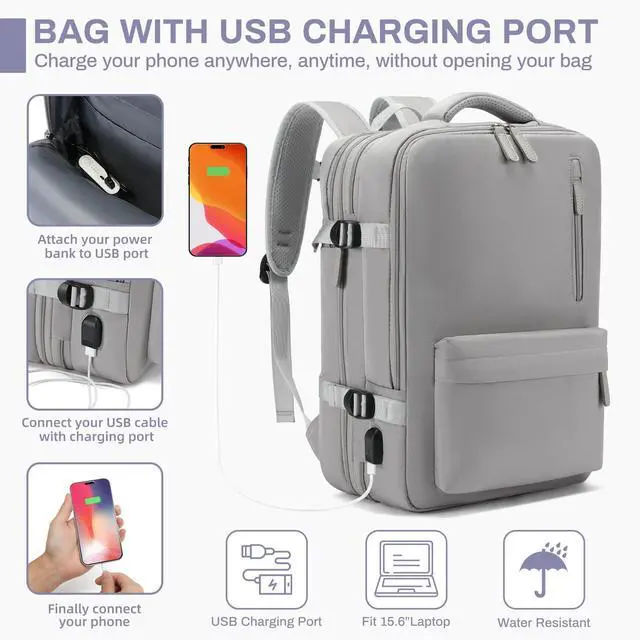 Alt view image 3 of 5 - Jaxin 2PCS Carry-On Backpack with Shoe Bag  180° Open, Expandable, Fits 16.1 Laptop, USB Charging Port, Water-Resistant Travel Set for Work, School, or Air Travel (grey)