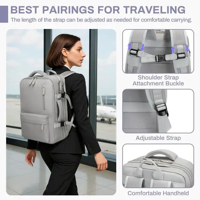 Alt view image 4 of 5 - Jaxin 2PCS Carry-On Backpack with Shoe Bag  180° Open, Expandable, Fits 16.1 Laptop, USB Charging Port, Water-Resistant Travel Set for Work, School, or Air Travel (grey)