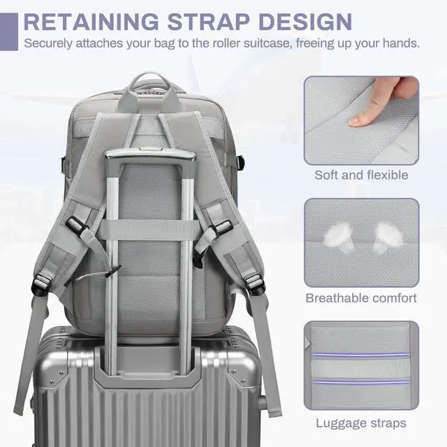 Alt view image 5 of 5 - Jaxin 2PCS Carry-On Backpack with Shoe Bag  180° Open, Expandable, Fits 16.1 Laptop, USB Charging Port, Water-Resistant Travel Set for Work, School, or Air Travel (grey)