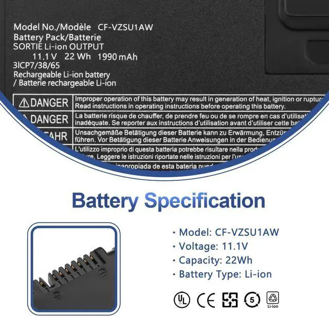 Alt view image 2 of 5 - ANTIEE CF-VZSU1AW Battery Replacement for Panasonic Toughbook CF-33, Toughbook CF-33AEHFATG, Toughbook CF-33AEQGATG, Toughbook CF-33mk1 Series, CF-VZSU1AJS, CF-VZSU1AR, CF-VZSU1AW 1950mAh 21.65Wh