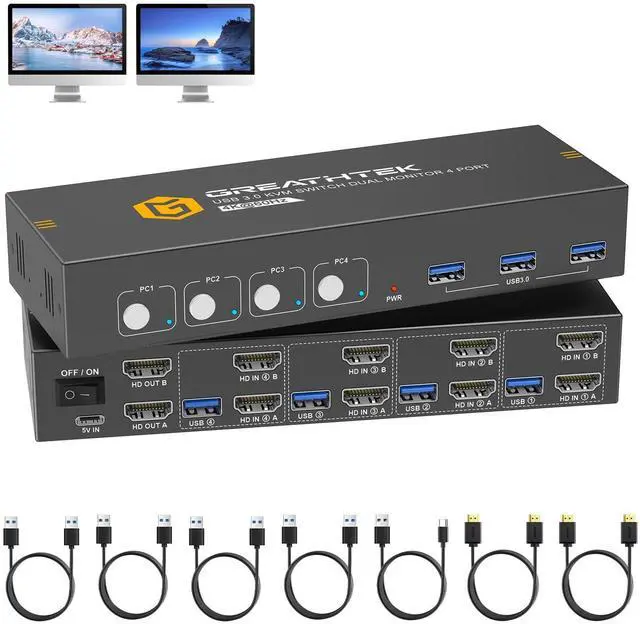 Main image of HDMI KVM Switch 4 Computers 2 Monitors with 3 USB3.0 Ports, 4K@60Hz Dual Monitor KVM Switch 4 Port for 4 PCs Share 2 Monitors, Support Button Switch, Adaptive EDID, 4 in 2 Out