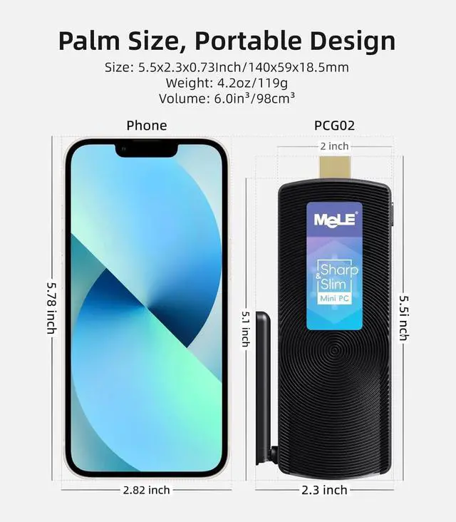 Alt view image 3 of 5 - MeLE PCG02 Fanless Mini PC Stick 12th Celeron N100 with Windows11 Home 4GB 128GB, Micro Desktop Computer, HDMI, Wi-Fi5 Gigabit Ethernet, BT5.1 on Business, Office, IoT, Industrial