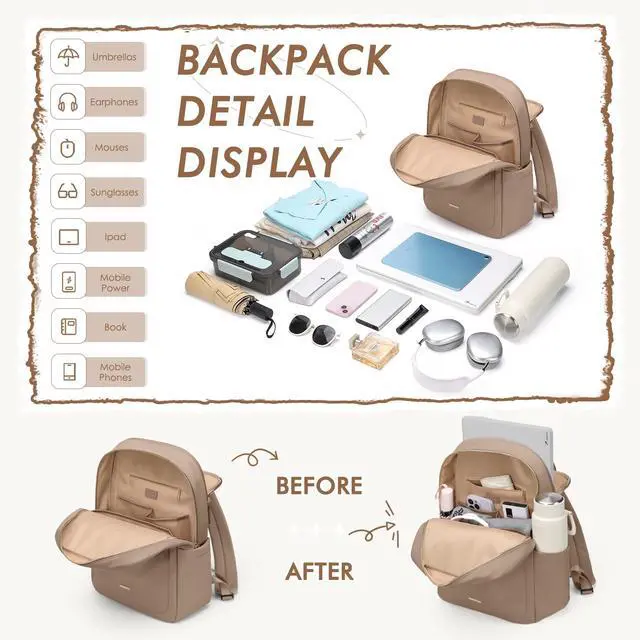 Alt view image 3 of 5 - GOLF QUALITY Laptop Backpack for Women,Casual Work Business Backpacks Purse Carry on Travel Backpack,17.3 Inch,Brown