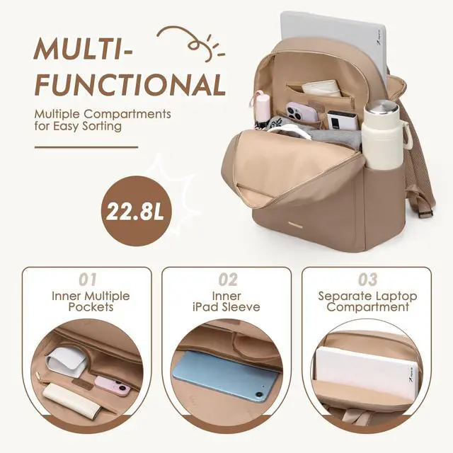 Alt view image 5 of 5 - GOLF QUALITY Laptop Backpack for Women,Casual Work Business Backpacks Purse Carry on Travel Backpack,17.3 Inch,Brown