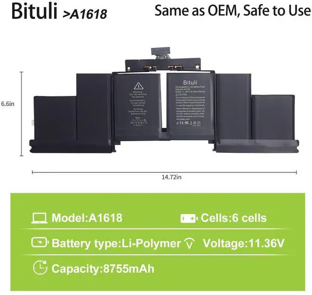 Alt view image 2 of 5 - Bituli A1494 A1398 Laptop MacBook Pro Battery A1618 Replacement for MacBook Pro 15 Inch Retina A1398 (Late 2013, Mid 2014, Early 2015)