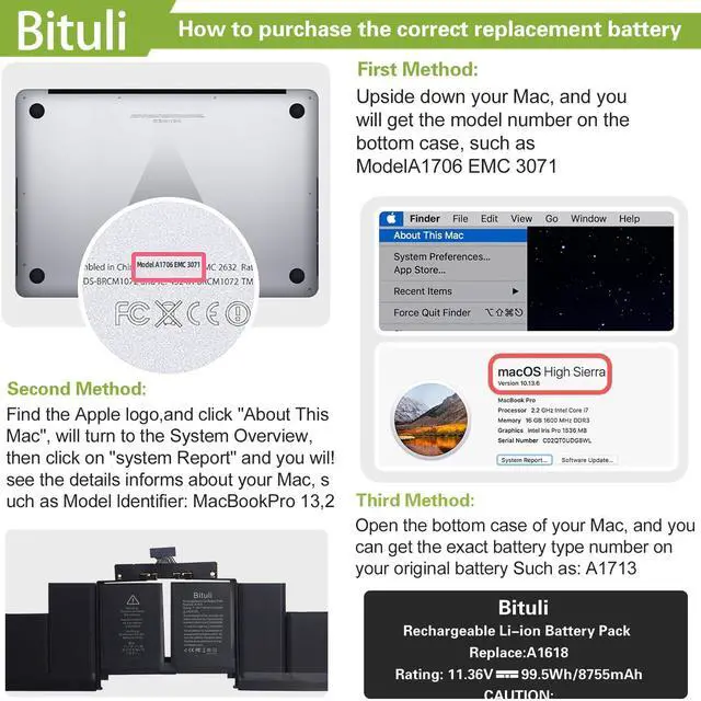Alt view image 4 of 5 - Bituli A1494 A1398 Laptop MacBook Pro Battery A1618 Replacement for MacBook Pro 15 Inch Retina A1398 (Late 2013, Mid 2014, Early 2015)