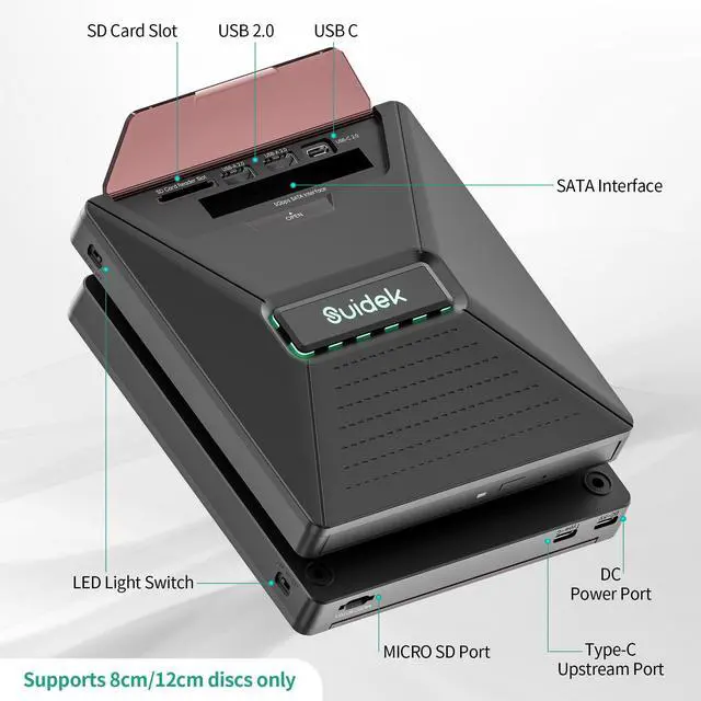 Alt view image 2 of 5 - SUIDEK CD DVD Drive External, Portable CD DVD Driver +/-RW Burner with 2.5" SATA,SD Card Reader and USB A Type C 2.0 Hub Compatible with Laptop PC