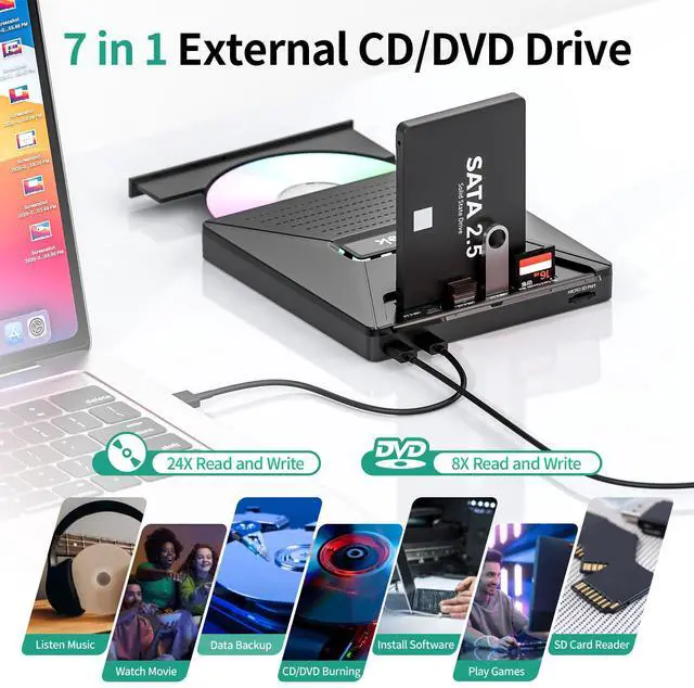 Alt view image 3 of 5 - SUIDEK CD DVD Drive External, Portable CD DVD Driver +/-RW Burner with 2.5" SATA,SD Card Reader and USB A Type C 2.0 Hub Compatible with Laptop PC