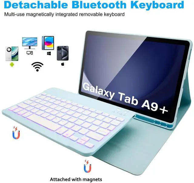 Alt view image 3 of 5 - Keyboard Case for Samsung Galaxy Tab A9 Plus 11 Inch - 7 Colors Backlit Wireless Detachable Folio Keyboard Cover with Pencil Holder, Bluetooth Mouse for Tablet A9+,Blue