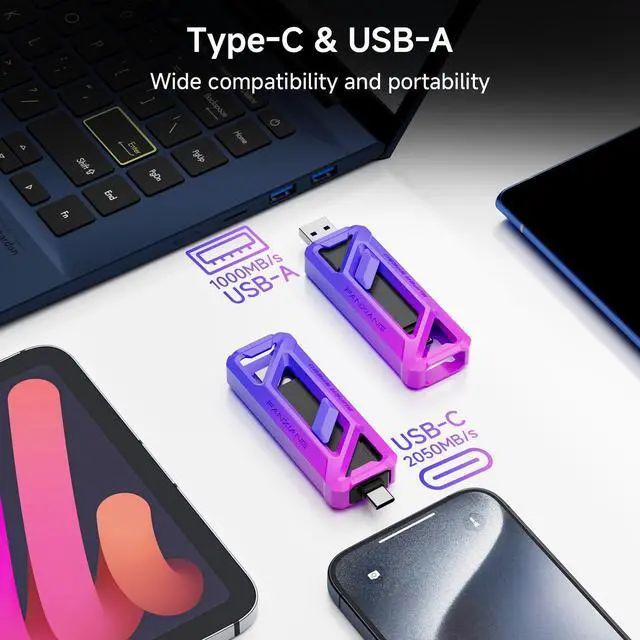 Alt view image 3 of 5 - fanxiang Flash Drive 512GB, Up to 2050MB/s USB 3.2 Gen2×2, USB Drive with USB A + Type C, 2-in-1 USB Memory Stick Thumb Drive for iPhone/Android/Windows/MacPC/Laptops, FF958