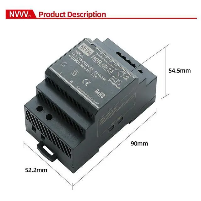 Alt view image 2 of 5 - HDR-60-24 Ultra Slim Step-Shape 3SU DIN Rail Power Supply, 24Volt 2.5Amp 60Watt