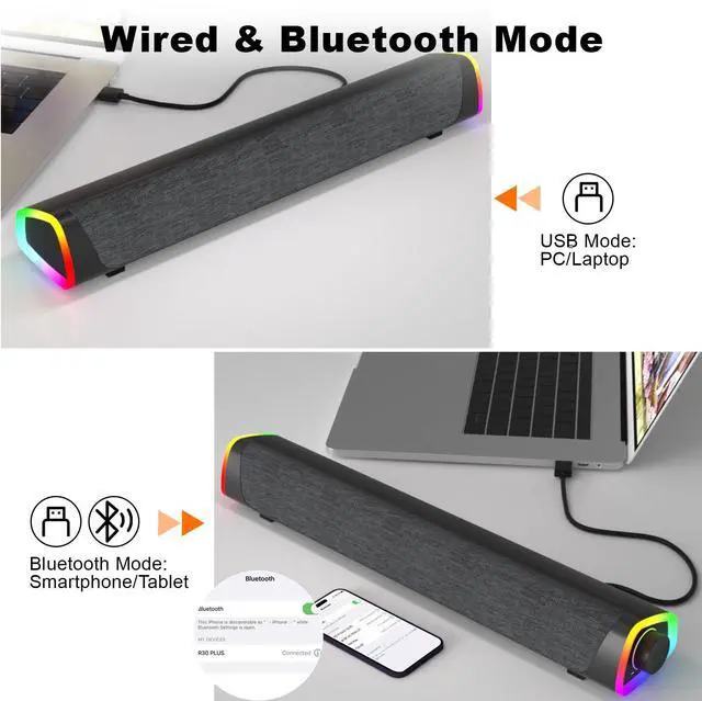 Alt view image 4 of 5 - SOULION R30 Plus Bluetooth Computer Speakers for PC Desktop, All-in-one Control Button with 6 Modes LED Lights, Wired USB Powered Sound Bar, Surround Sound Portable SoundBar for Monitor Laptop Phone