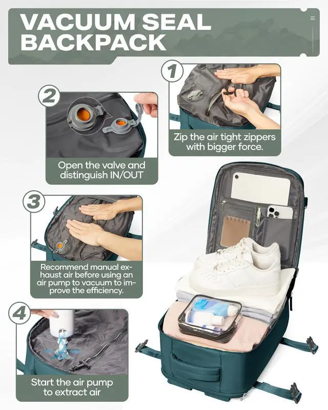 Alt view image 3 of 5 - VENATIN Vacuum Backpack Travel,travel backpack with vacuum system, Large Carry on Luggage Flight Approved, 18x14x8 IN Laptop Bag Personal Item Travel Bag, Peacock Blue