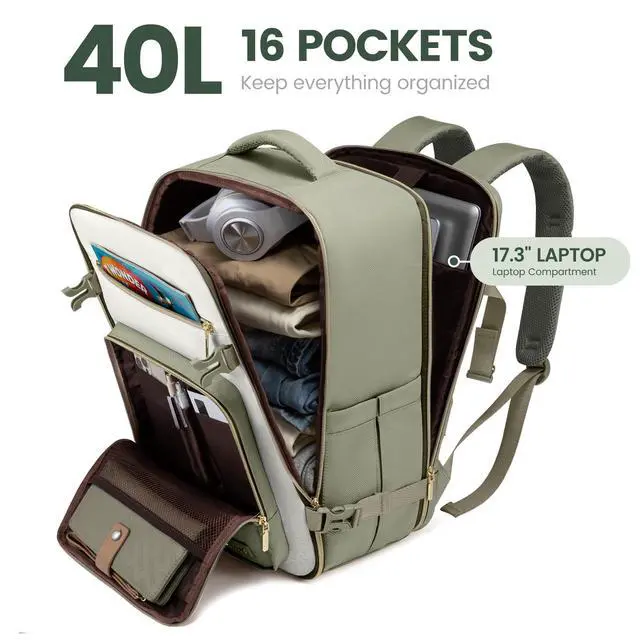 Alt view image 2 of 5 - LOVEVOOK Travel Backpack For Women,40L Carry On Backpack Flight Approved,TSA Personal Item Travel Bag Fits 17 Inch Laptop,Weekender Overnight Daypack with Toiletry Bag and Cube,White Light-brown