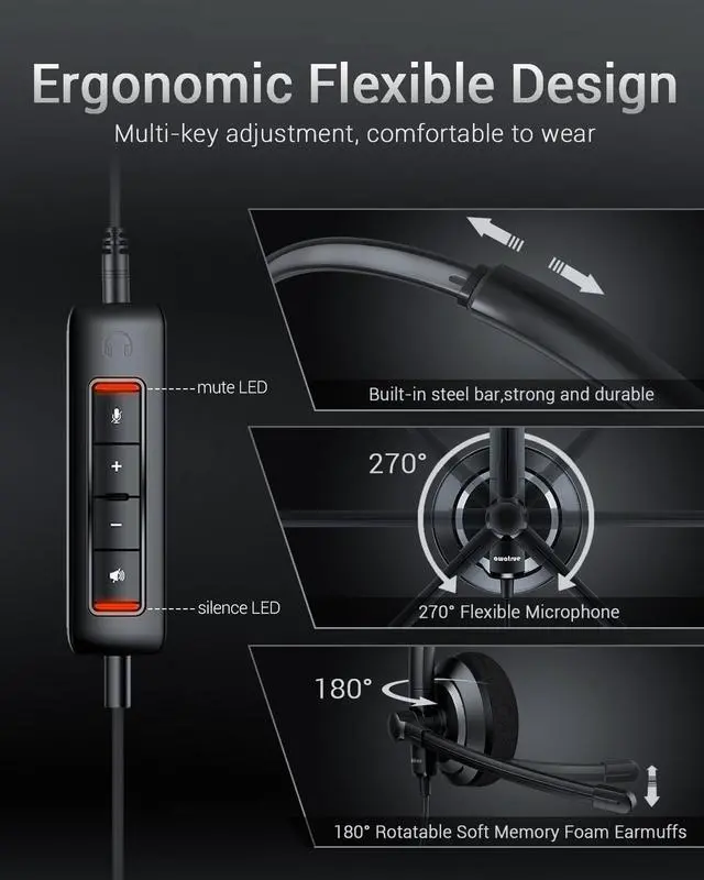 Alt view image 4 of 5 - awatrue USB Headset with Microphone for PC - Lightweight Single-Ear Computer Headset, Crystal Clear Sound & Comfort Fit, Flexible Steel Headband (3.5mm+USB)