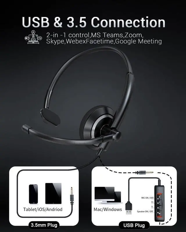 Alt view image 2 of 5 - awatrue USB Headset with Microphone for PC - Lightweight Single-Ear Computer Headset, Crystal Clear Sound & Comfort Fit, Flexible Steel Headband (3.5mm+USB)
