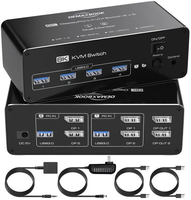 Main image of DEMEXBOOK Dual Monitor DisplayPort KVM Switch 2 Monitors 2 Computers 8K@60Hz 4K@144Hz,KVM Switch 2 Computers Share 2 Monitors, 4 USB 3.0 Ports, Supports Extended/Copy Mode with Remote & USB Cables