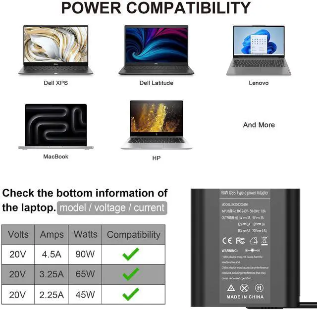 Alt view image 2 of 5 - New Slim 90W USB C Laptop Charger Compatible with Dell XPS 15 9500 17 9700 Latitude 3000 5000 7000 9000 Series Precision 5470 5550 5750 3540 3570 LA90PM170 DA90PM170 Type C AC Adapter Power Cord