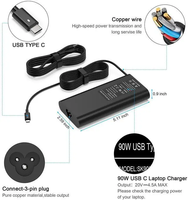 Alt view image 3 of 5 - New Slim 90W USB C Laptop Charger Compatible with Dell XPS 15 9500 17 9700 Latitude 3000 5000 7000 9000 Series Precision 5470 5550 5750 3540 3570 LA90PM170 DA90PM170 Type C AC Adapter Power Cord