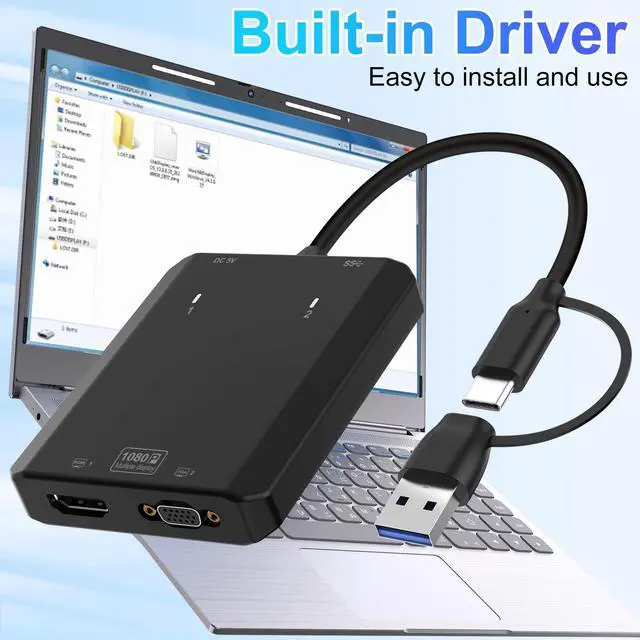 Alt view image 2 of 5 - Herfair USB to HDMI VGA Adapter 2X 1080P@60Hz Dual Monitor Extender 1 in 2 Out External Graphics Card Support Windows MacOS M1/M2 Systems, Built-in Driver, Simultaneously Output VGA+HDMI