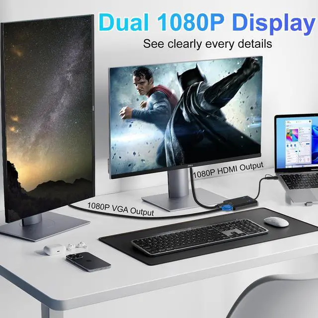 Alt view image 5 of 5 - Herfair USB to HDMI VGA Adapter 2X 1080P@60Hz Dual Monitor Extender 1 in 2 Out External Graphics Card Support Windows MacOS M1/M2 Systems, Built-in Driver, Simultaneously Output VGA+HDMI