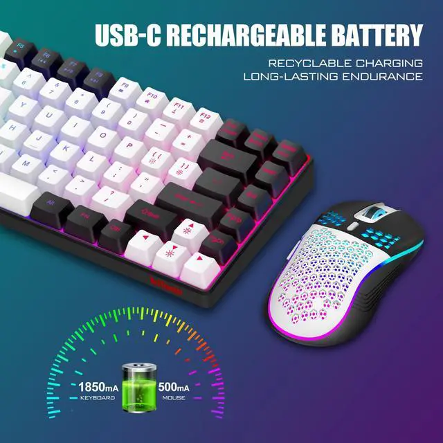 Alt view image 3 of 5 - RedThunder K84 Wireless Keyboard and Mouse Combo, LED Rainbow Backlit Rechargeable Battery, 75% Layout TKL Ultra Compact Gaming Keyboard & Lightweight 3200 DPI Honeycomb Optical Mouse (White-Black)