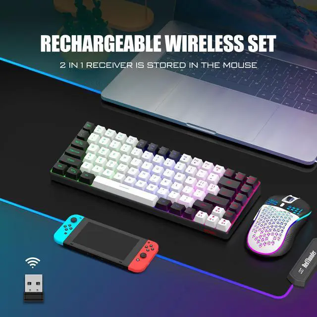 Alt view image 2 of 5 - RedThunder K84 Wireless Keyboard and Mouse Combo, LED Rainbow Backlit Rechargeable Battery, 75% Layout TKL Ultra Compact Gaming Keyboard & Lightweight 3200 DPI Honeycomb Optical Mouse (White-Black)